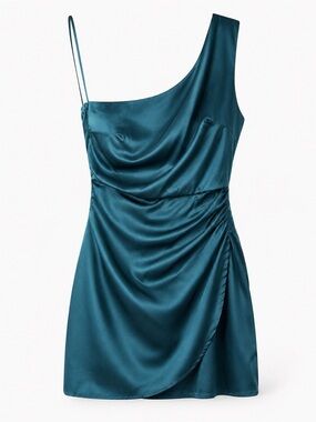 Luna One Shoulder Satin Mini Dress Teal Ruched Cocktail NWOT Style Size S